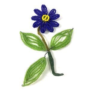 Vintage Handcrafted Beaded Flower Décor Blue & Green Floral Design Wire Stem Mil
